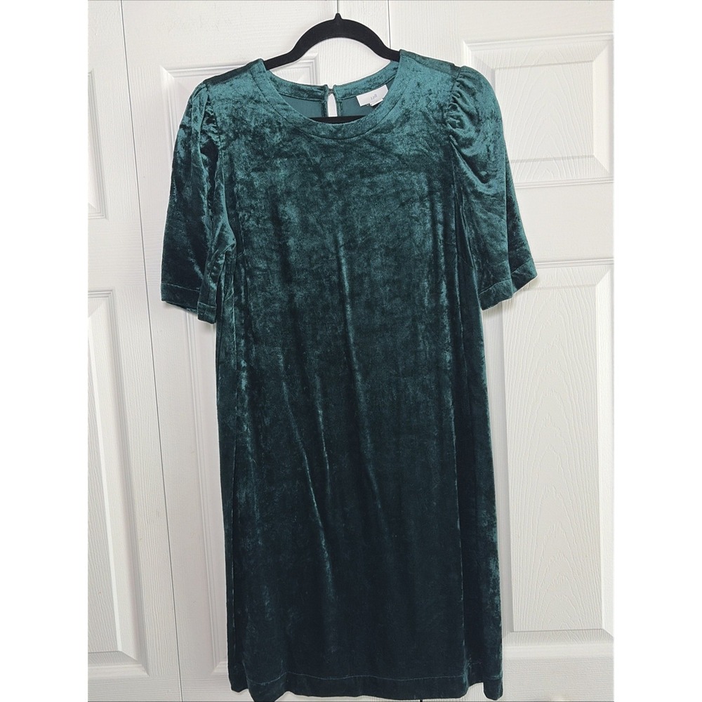 J. Jill Velvet Shift Dress Womens Size XS Green Holiday Party Short Sleeve Jewel